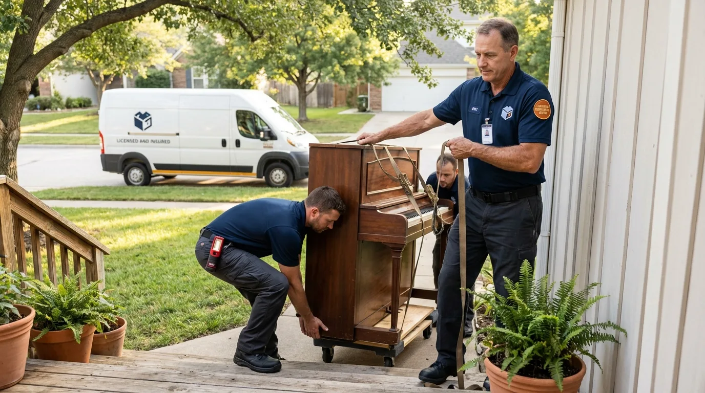 Licensed piano movers securing grand piano in Mifflinville, PA