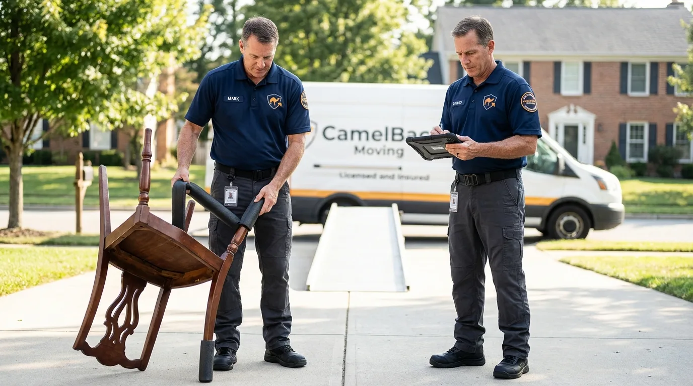 Movers inspecting furniture for damage prevention before loading in Mifflinville, PA
