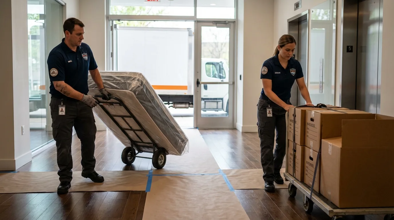Professional apartment movers loading elevator in Mifflinville, PA