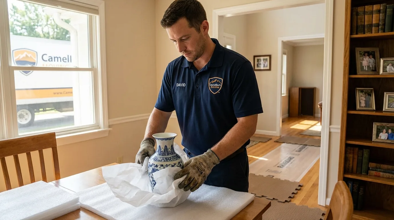 Professional crew carefully wrapping antique vase for senior downsizing move in Mifflinville, PA